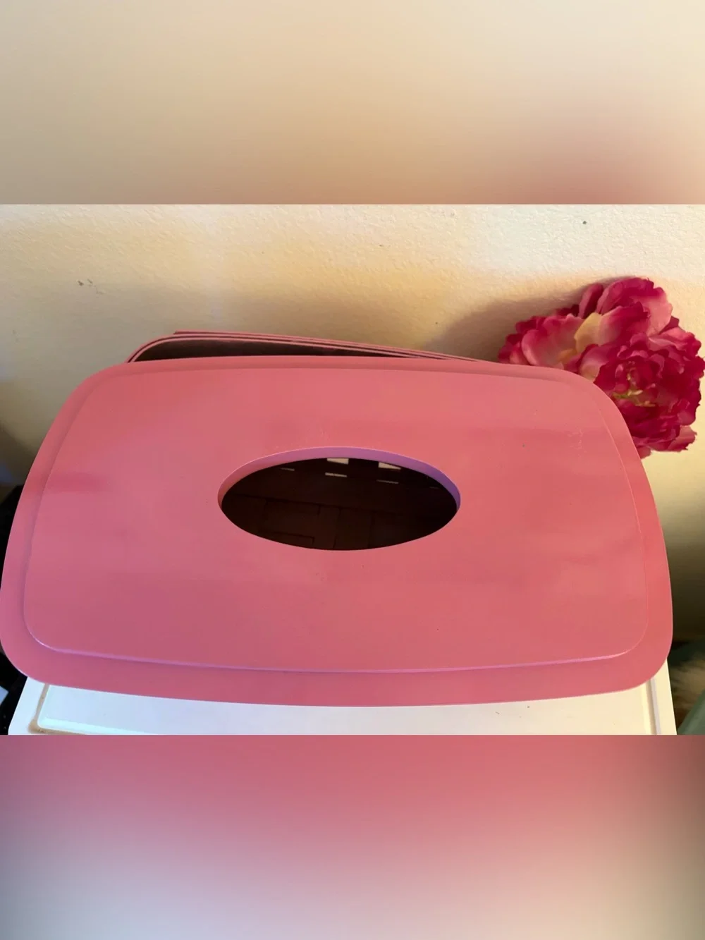 Vintage Longaberger Large Tissue Basket with Wood Lid, Painted Pink Gloss